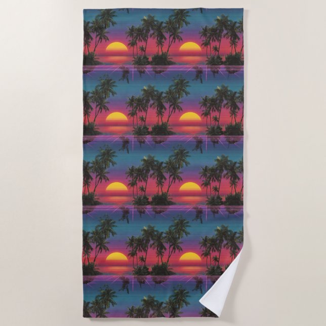 Toalla De Playa Patrón de puesta de sol de palmera Retro Synthwave (Anverso)