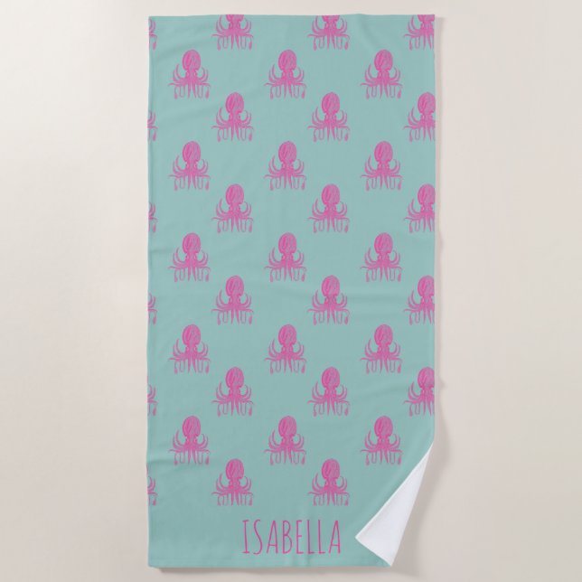 Toalla De Playa Patrón de pulpo lindo Aqua Rosa Personalizado (Anverso)