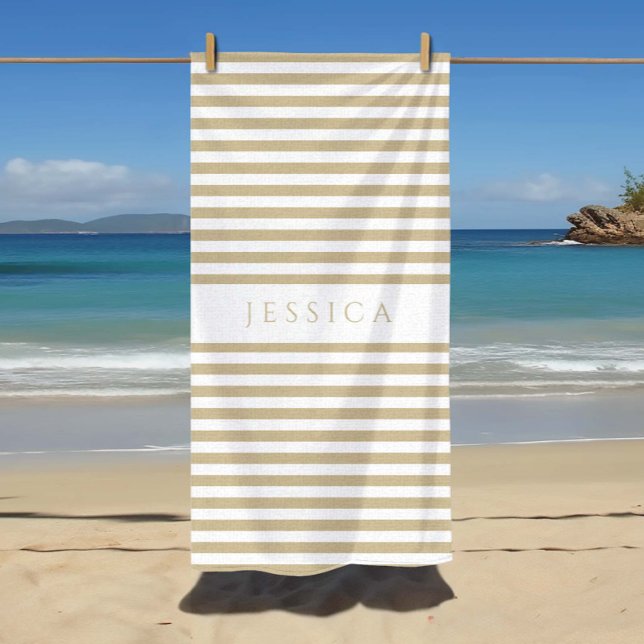 Toalla De Playa Patrón de rayas peinadas personalizadas y modernas (Personalized Modern Beige Striped Pattern Beach Towel)