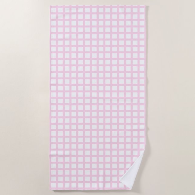 Toalla De Playa Patrón de rejilla cuadrada blanca y rosa claro (Anverso)