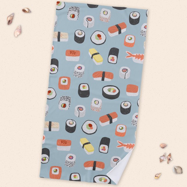 Toalla De Playa Patrón de rollo de maki nigiri de sushi (Japanese sushi nigiri maki roll pattern fun food themed beach towel)
