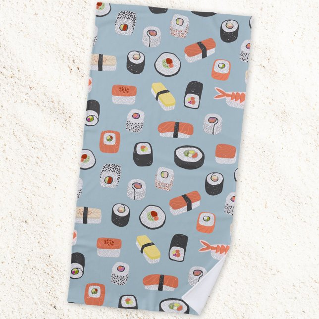 Toalla De Playa Patrón de rollo Sushi Nigiri Maki (Japanese sushi nigiri maki roll pattern fun food themed beach towel)