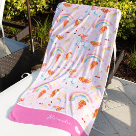 Toalla De Playa Patrón de unicornio rosado de niñas con nombre