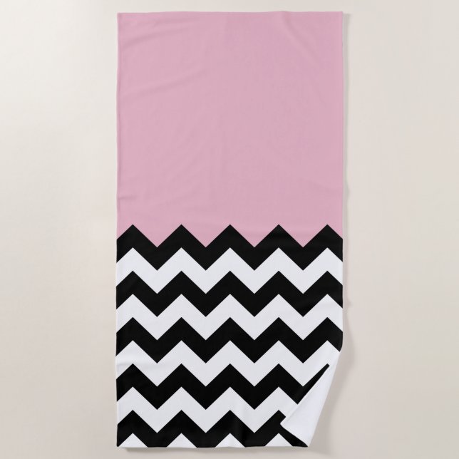Toalla De Playa Patrón de zigzag negro y blanco, chevron, rosa (Anverso)