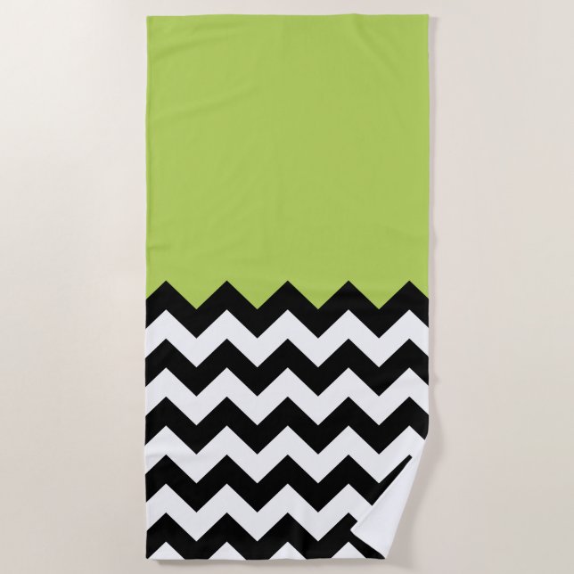 Toalla De Playa Patrón de zigzag negro y blanco, chevron, verde (Anverso)