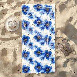 Toalla De Playa Patrón floral azul con acentos dorados