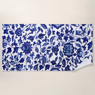 Toalla De Playa Patrón floral azul marino oscuro chino sobre blanc