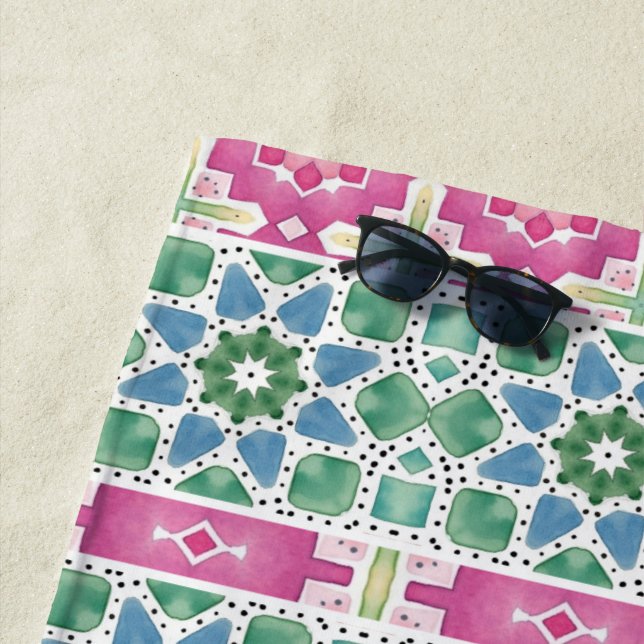 Toalla De Playa Patrón floral bohemio Diseño de mosaico acuarela (In situ)