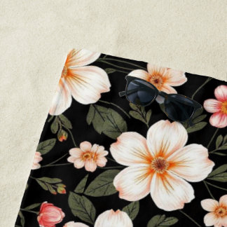 Toalla De Playa Patrón floral brillante sobre negro