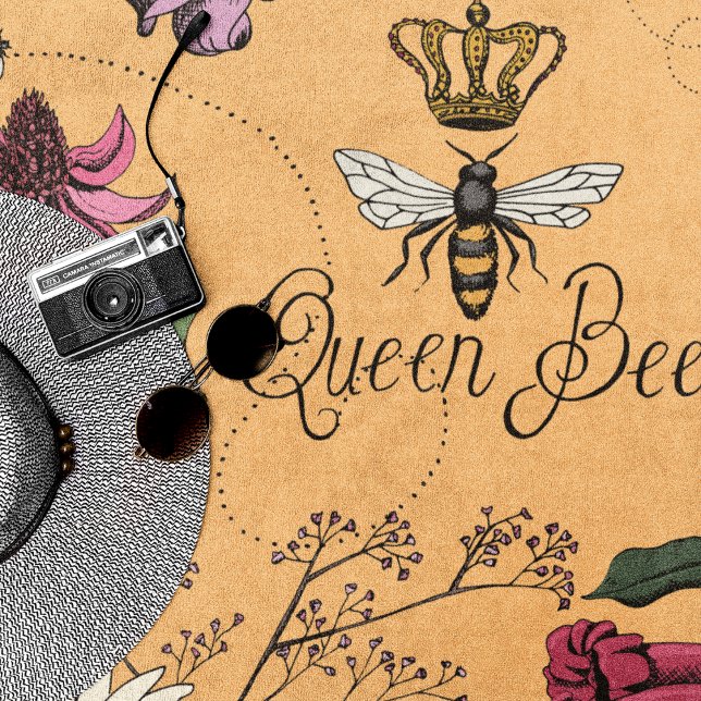 Toalla De Playa Patrón floral de abeja reina naranja (Orange Queen Bee Royal Crown Floral Pattern with Queen Bee, Crown, Exotic flowers, bees, beehive)