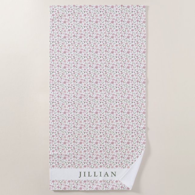 Toalla De Playa Patrón floral de Coquette Girly | Nombre personali (Anverso)