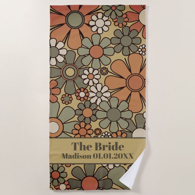 Toalla De Playa Patrón floral de los años 70 retro para la novia (Anverso)