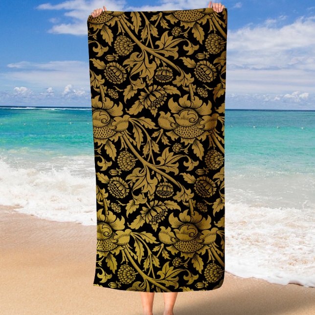 Toalla De Playa Patrón floral elegante negro y dorado (Elegant Black and Gold Floral and Leaf Pattern Beach Towel)