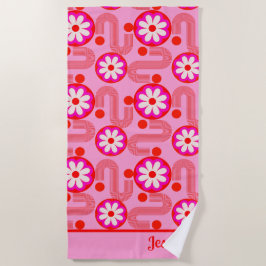 Toalla De Playa Patrón floral moderno de mediados de siglo con nom