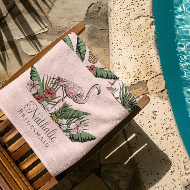 Toalla De Playa Patrón floral rosa trópico (Tropical Pink Flamingo Bridesmaid Beach / Pool Towels. Flamingo, Hibiscus Flowers, Pineapple, Drinks)