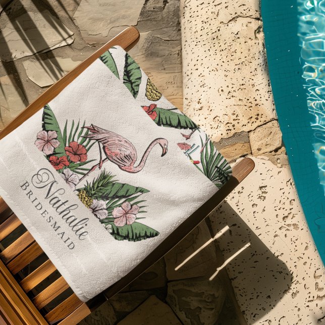 Toalla De Playa Patrón floral rosa trópico Flamingo Marfil (Tropical Pink Flamingo Bridesmaid Beach / Pool Towels. Flamingo, Hibiscus Flowers, Pineapple, Drinks)