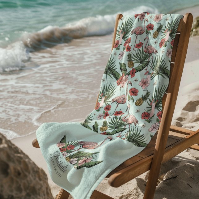 Toalla De Playa Patrón floral rosa trópico Flamingo Turquesa (Tropical Pink Flamingo Bridesmaid Beach / Pool Towels. Flamingo, Hibiscus Flowers, Pineapple, Drinks)