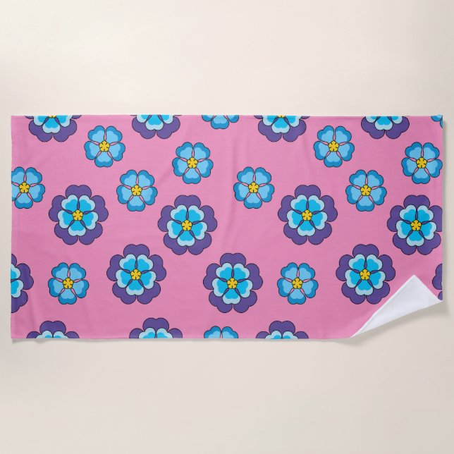 Toalla De Playa Patrón floral rosa violeta azul (Anverso)