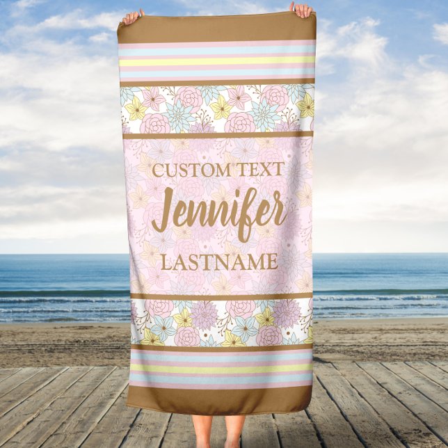 Toalla De Playa Patrón floral rosa y marrón con nombre personaliza (Subido por el creador)