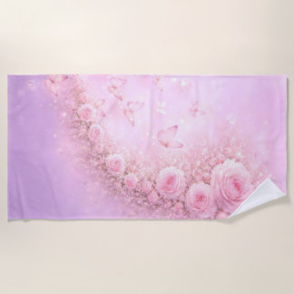Toalla De Playa Patrón floral suave – Rosas rosadas suaves con sua