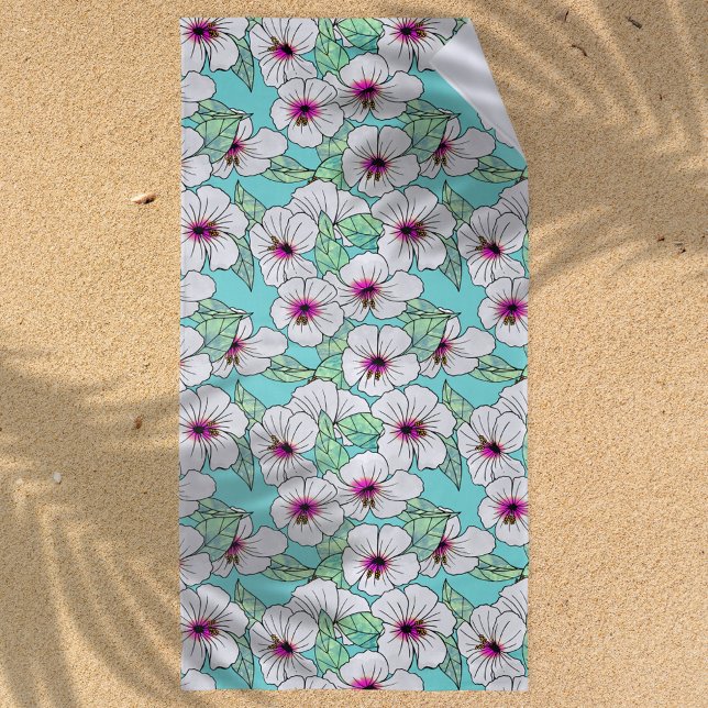 Toalla De Playa Patrón floral trópico rosa y blanco Hibiscus (Tropical Vibes Hibiscus Pattern Beach Towel)