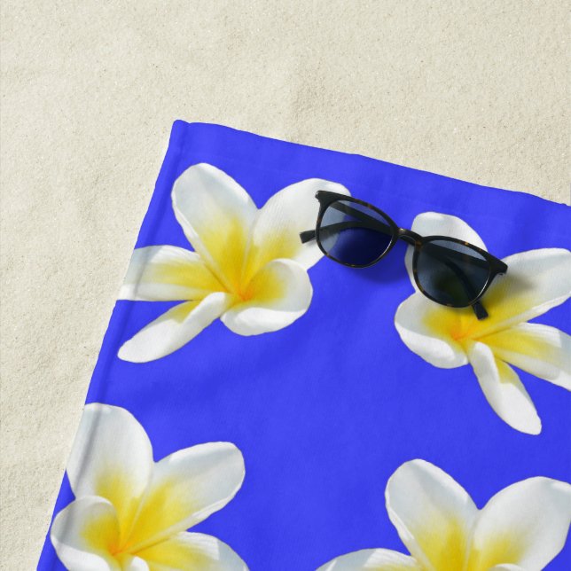 Toalla De Playa Patrón Frangipani Azul Y Amarillo, (In situ)