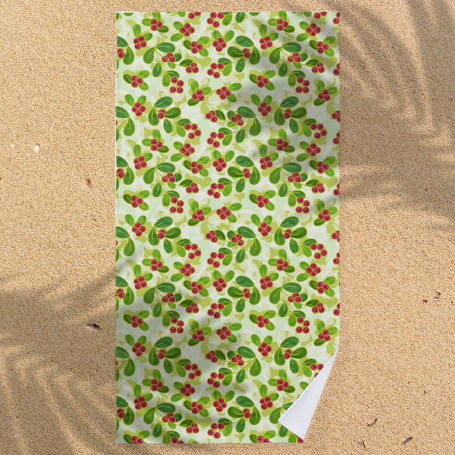 Toalla De Playa Patrón Fruta de Cranberry Festial, Verde (Cranberry Pattern Beach Towel)