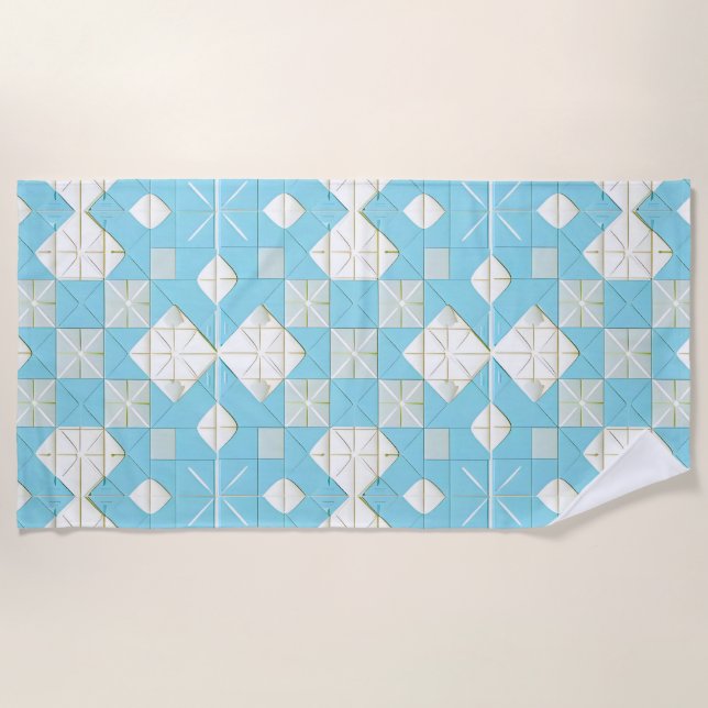 Toalla De Playa Patrón geométrico azul y blanco (Anverso)
