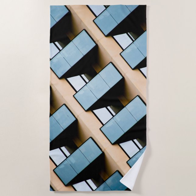 Toalla De Playa Patrón geométrico beige y azul (Anverso)