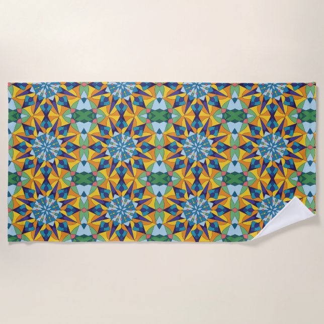 Toalla De Playa Patrón geométrico fractal azul y amarillo (Anverso)