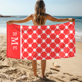 Toalla De Playa Patrón geométrico monograma rojo blanco | Editable