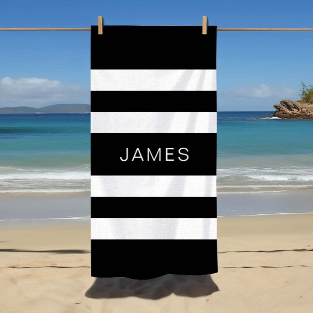Toalla De Playa Patrón Moderno De Rayas Negra Y Blanca (Modern Black And White Stripes Pattern Beach Towel)