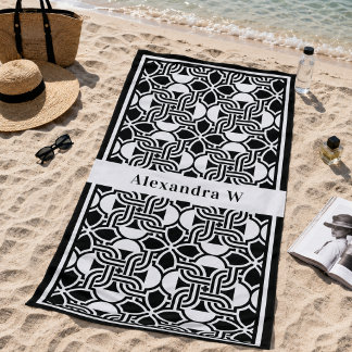 Toalla De Playa Patrón Monograma Art Déco en Blanco y Negro