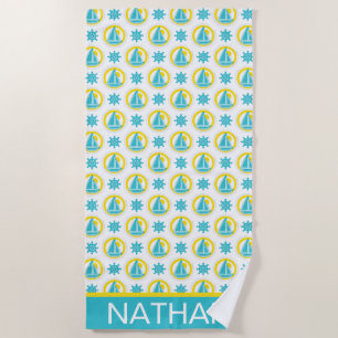 Toalla De Playa Patrón náutico amarillo y azul lindo personalizado