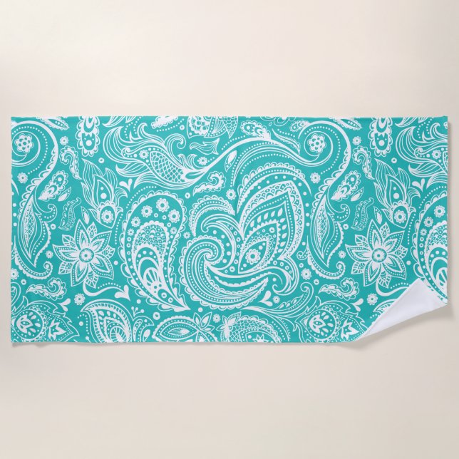 Toalla De Playa Patrón Paisley Floral Blanca Y Turquesa (Anverso)