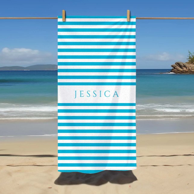 Toalla De Playa Patrón rayado azul moderno personalizado (Personalized Modern Blue Striped Pattern Beach Towel)