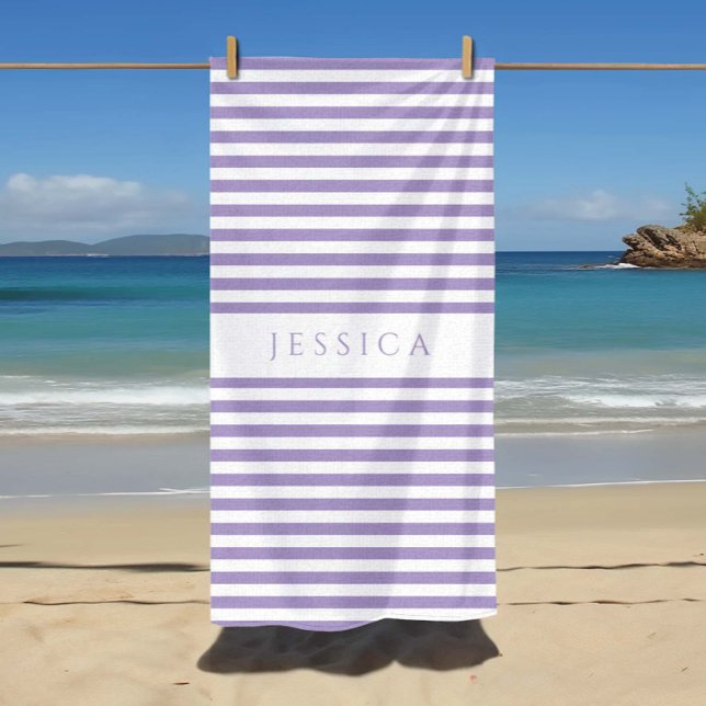 Toalla De Playa Patrón rayado púrpura personalizado moderno (Personalized Modern Purple Striped Pattern Beach Towel)