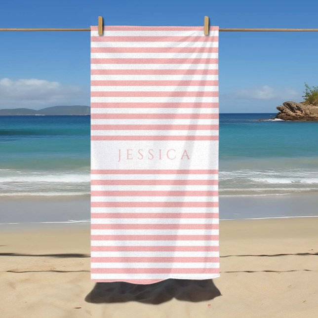 Toalla De Playa Patrón rayado rosado moderno personalizado (Personalized Modern Pink Striped Pattern Beach Towel)