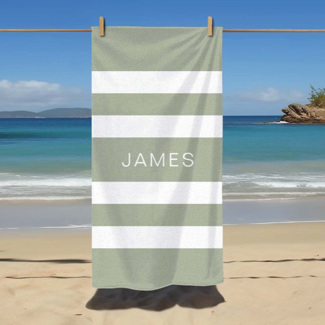 Toalla De Playa Patrón rayado verde sabio moderno (Modern Sage Green Striped Pattern Beach Towel)