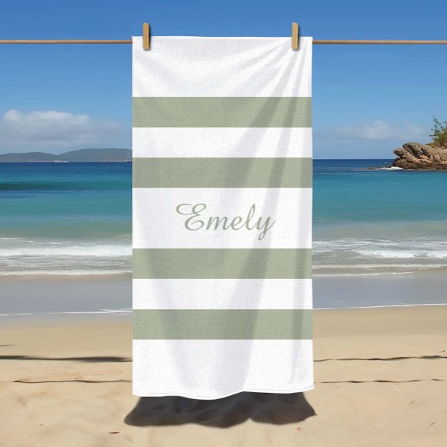 Toalla De Playa Patrón rayado verde sabio moderno (Modern Sage Green Striped Pattern Beach Towel)