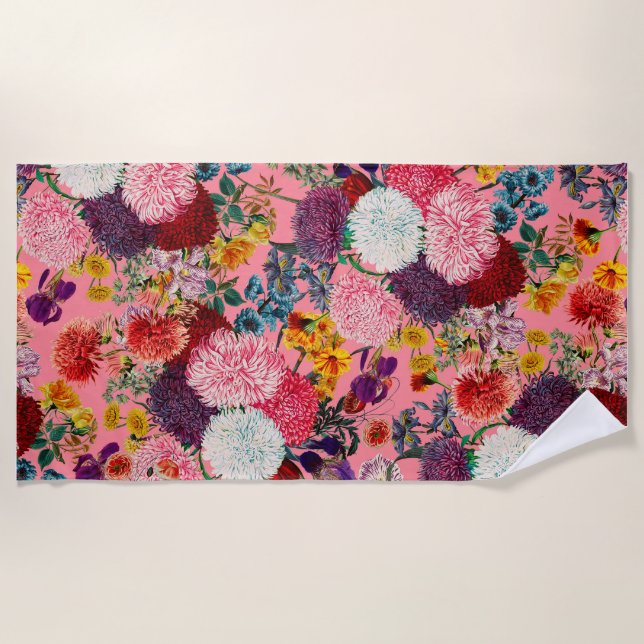 Toalla De Playa Patrón rosa floral (Anverso)