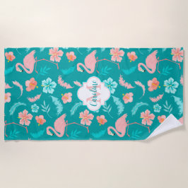 Toalla De Playa Patrón tropical del flamenco rosa de Hibiscus