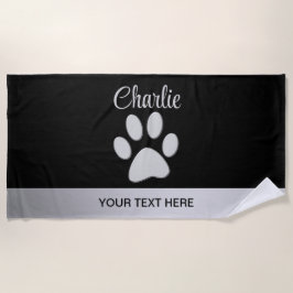 Toalla De Playa Paw de perro plateado sobre fondo negro