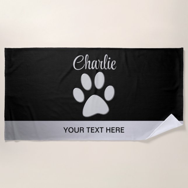 Toalla De Playa Paw de perro plateado sobre fondo negro (Anverso)