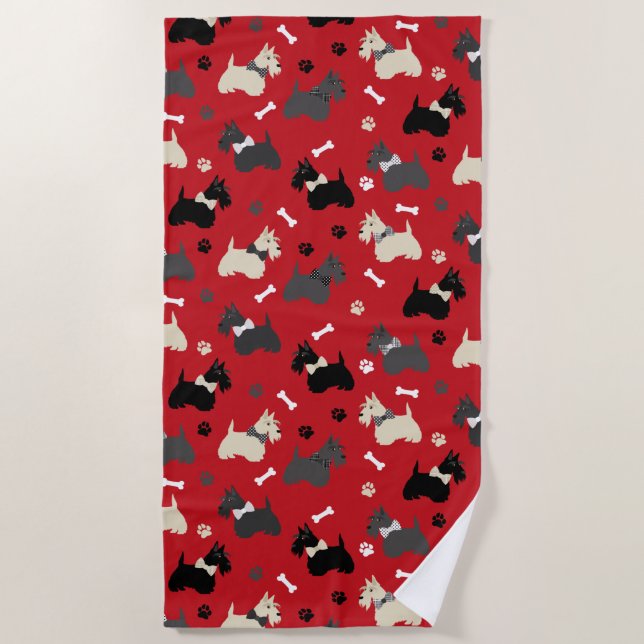 Toalla De Playa Paws y huesos aterradores escoceses rojos (Anverso)