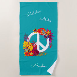 Toalla De Playa Paz hawaiana tropical amor personalizado azul