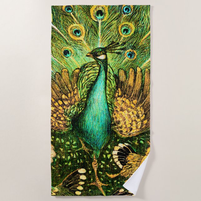 Toalla De Playa Peacock y pollos de estilo Art Nouveau de los País (Anverso)