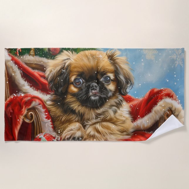 Toalla De Playa Pekinés Navideño Festivo (Anverso)