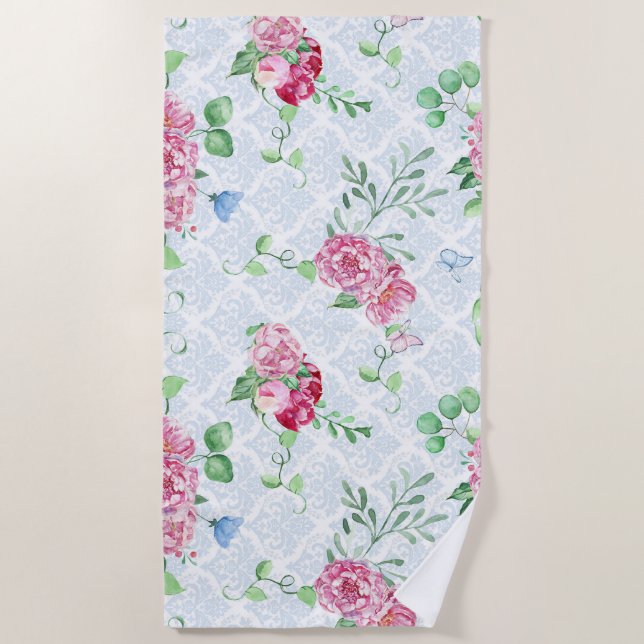 Toalla De Playa peonía acuática, acuarela de mariposa (Anverso)