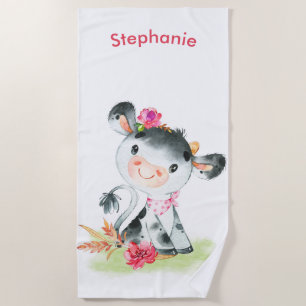 Toalla De Playa Pequeña vaca vaca acuarela rosa